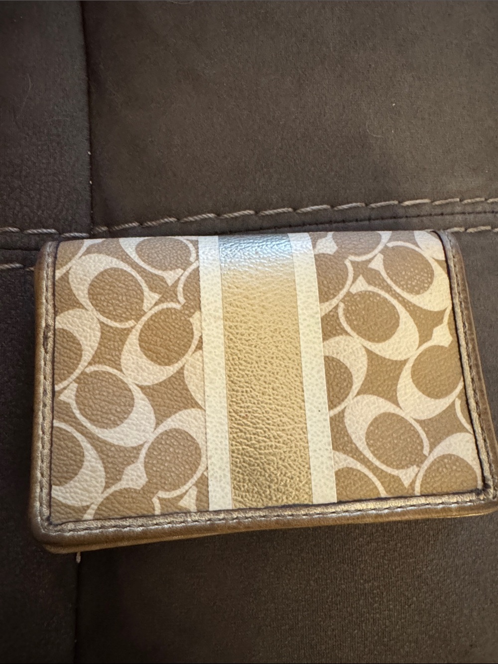 COACH Tan & Cream Signature Card Case with Metallic Stripe